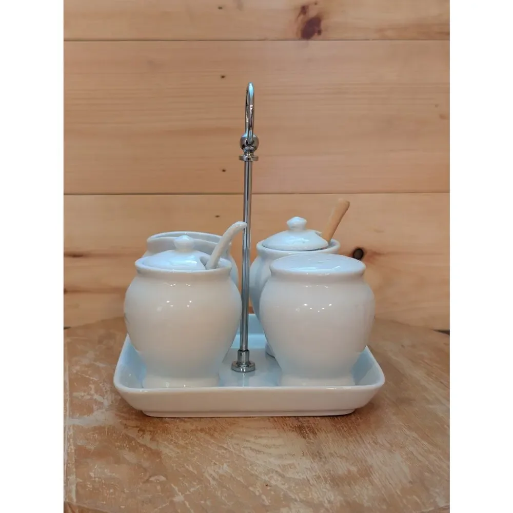 Pottery Barn Great White 5-Piece Condiment Set with Chrome Caddy - Unused